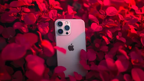 iPhone 13 Pro surrounded by vibrant red foliage