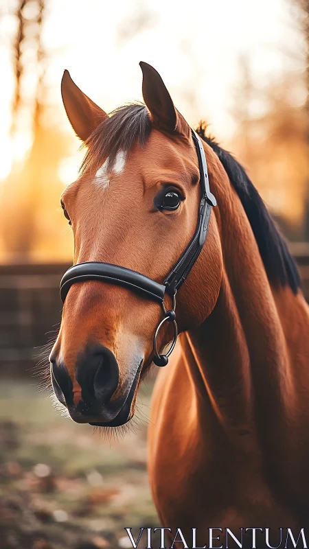 Golden-hour bay horse with soulful, sunrise-soft eyes.