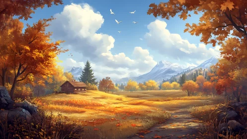 Golden autumn meadow shelters a cozy cabin beneath peaks