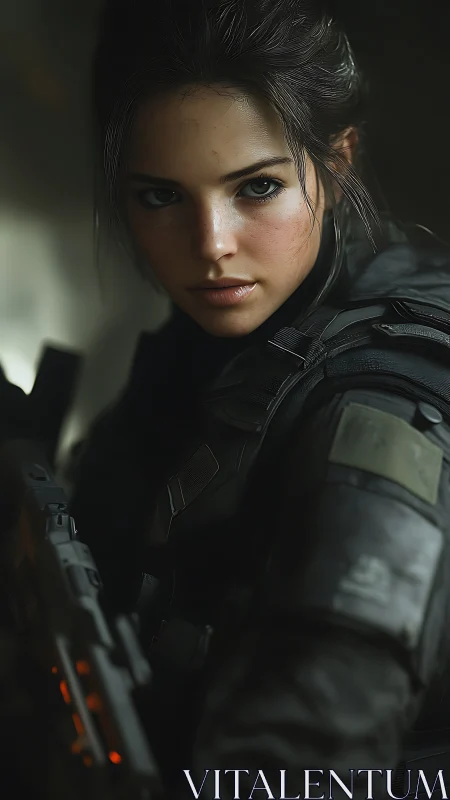 Battle-ready female soldier stares ahead in moody light