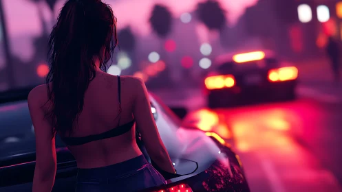 Neon dusk street captures lone woman beside sleek car.