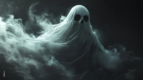 Digital painting of spectral ghost form in drifting vapor shroud.