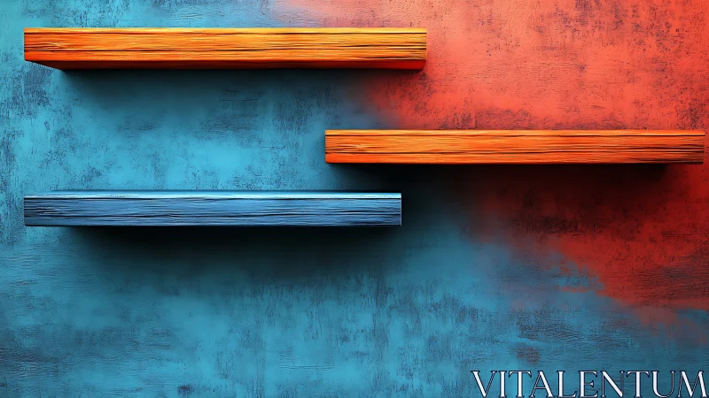Colorful staggered wall shelves on textured split background.