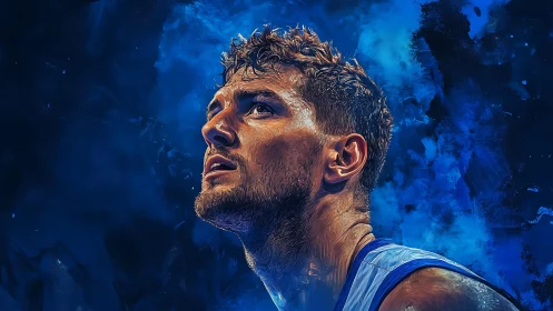 Focused basketball player portrait in intense blue light.