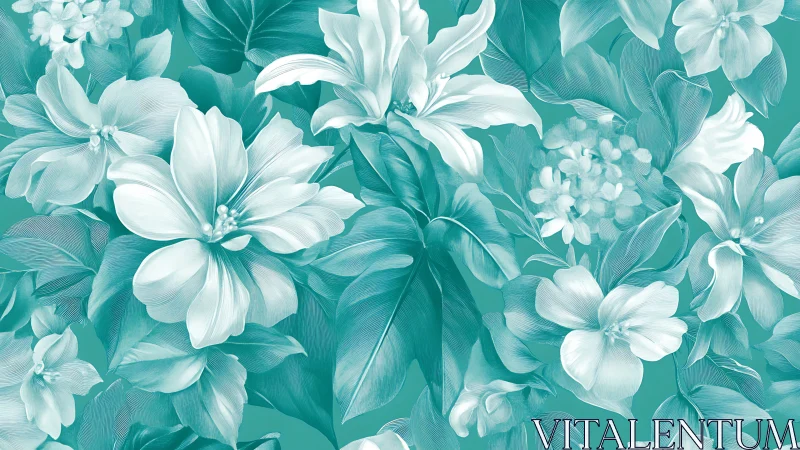 White blooms flourish across turquoise botanical canvas.