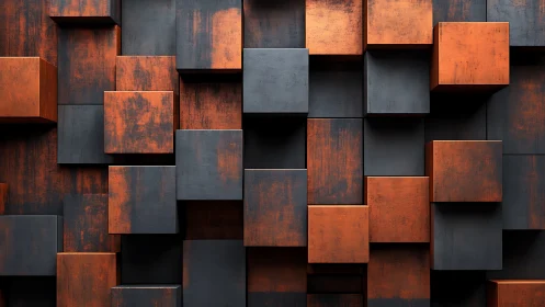 Rust-textured orange and black cubes form a deep grid wall