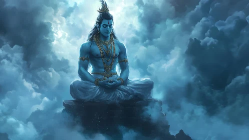 Divine blue deity meditating amid luminous storm clouds.