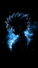 Electric blue anime warrior glows against cosmic darkness