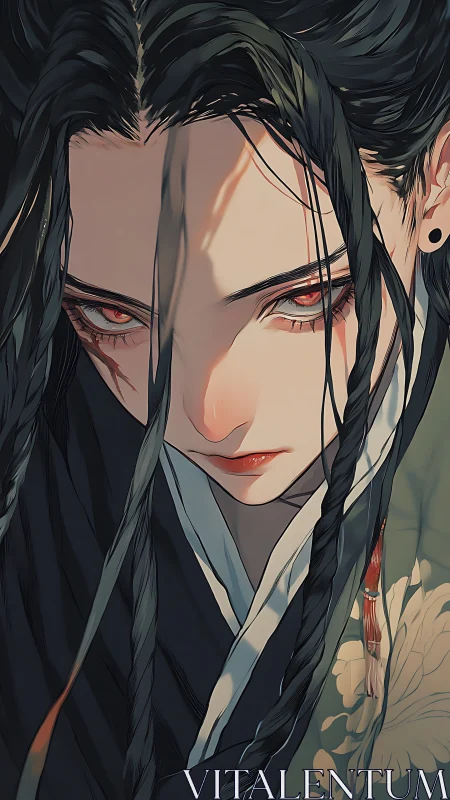 Intense red-eyed woman in traditional robe, close portrait.