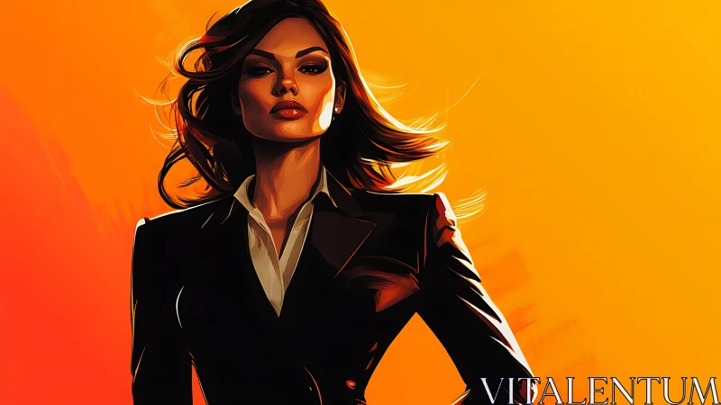 Confident businesswoman in suit, digital art with bold orange tones.