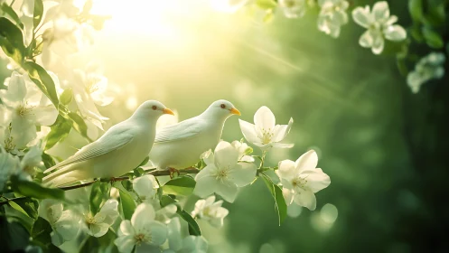 White Doves Among Spring Blossoms in Soft Sunlight.