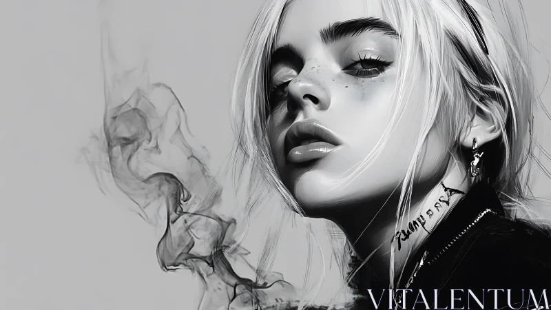 Monochrome digital portrait of young person with smoke element.