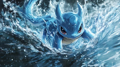 Dynamic blue creature bursts through turbulent water with high-energy motion