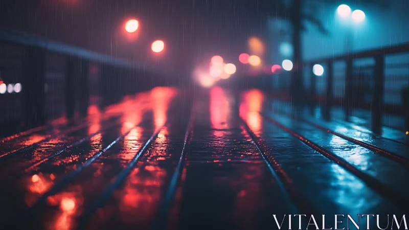 Rain soaked boardwalk with neon city lights at night.