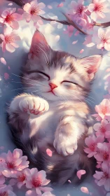 Serene Kitten Rests Among Blossoming Cherry Flowers