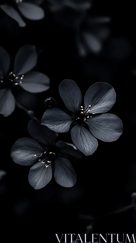Nocturnal Petals Unfold: Four-Petal Blooms Against Obsidian.