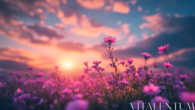 Pink flowers at sunset with dramatic sky.