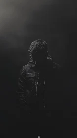 Man in dark leather jacket stands obscured in heavy shadow