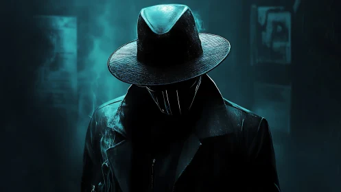 Cyber-noir figure in fedora rendered in teal backlit haze