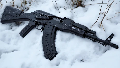 Black Rifle Resting in Winter Snow.