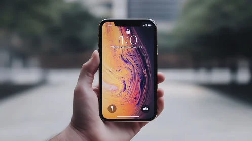 Person holding smartphone with liquid gold wallpaper display outdoors