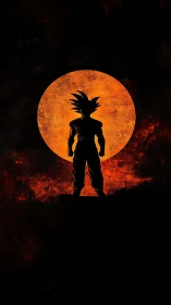 Silhouetted spiky-haired figure before textured orange circle.