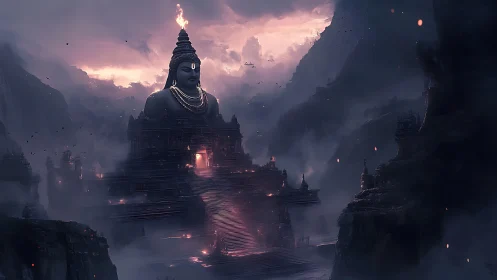 Misty mountain temple with colossal serene statue at dusk.