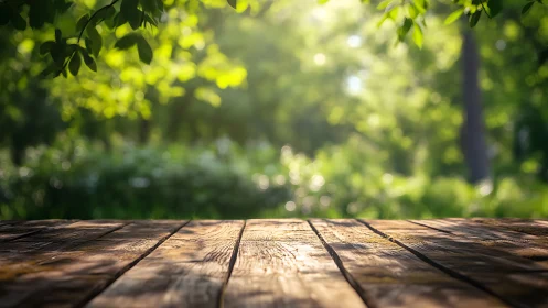 Wooden Table Welcomes Sunlit Garden Views and Peaceful Moments