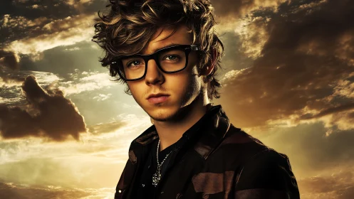 Cinematic male portrait with backlit clouds and warm rim light.