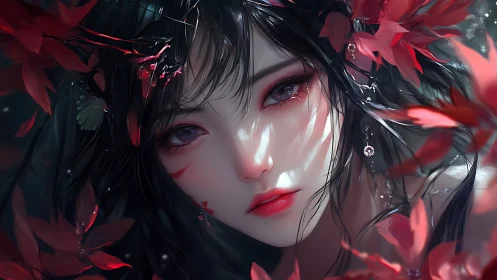 Digital painting portrait with crimson floral aura and lightplay.
