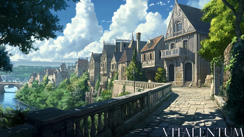 Riverside stone promenade with historic townhouses under clouds.