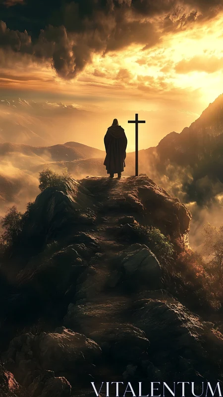 Golden mountain summit welcomes a lone pilgrim in quiet awe