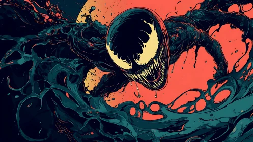 Symbiotic creature lunges through teal fluid against vermilion.