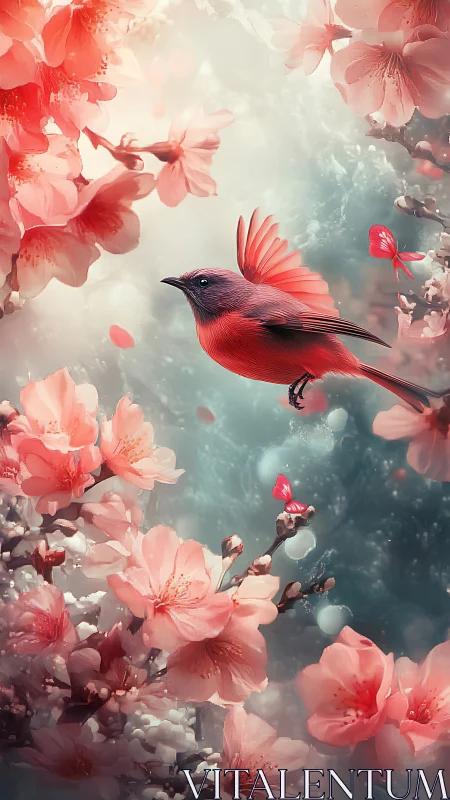 Scarlet songbird in stylized blossom canopy scene.