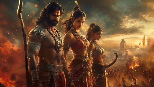 Mythic warrior trio blazing against a stormlit battlefield.