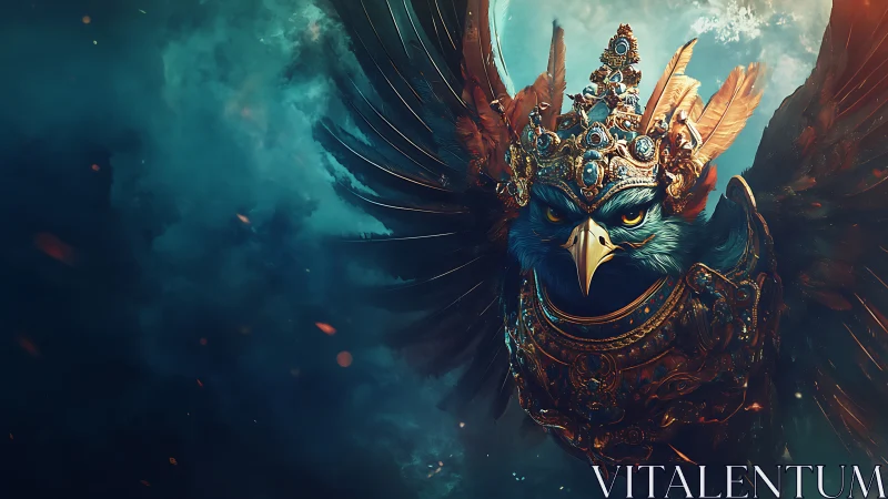 Majestic armored eagle with jeweled crown in fantasy art style.