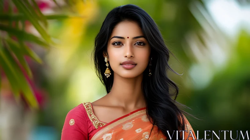 Elegant Indian Woman in Traditional Saree, Vibrant Outdoor Portrait.