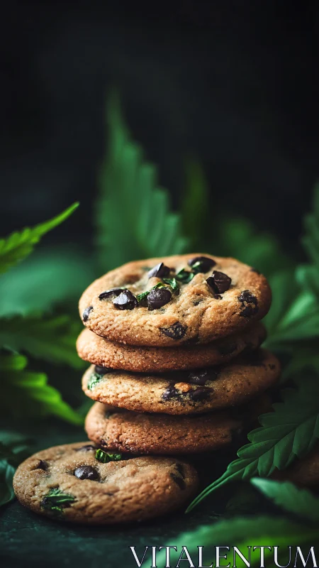Stack of cannabis chocolate chip cookies on dark leaves.