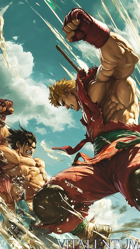 Dynamic aerial clash between muscular anime martial artists