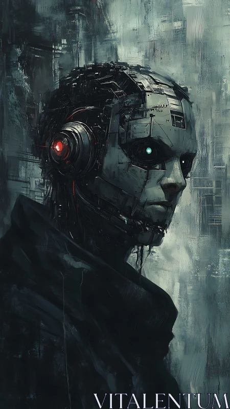 Cybernetic portrait depicts solitary cloaked android in gloom