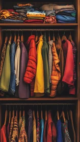 Well-organized wardrobe displaying layered clothing in color-coded compartments.
