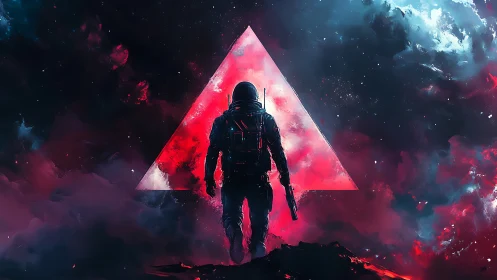 Lone space soldier before glowing red cosmic triangle.