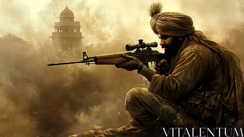 Dusty battlefield sniper holds steady in golden haze