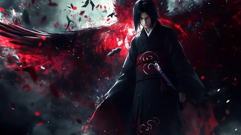 Dark clad swordsman before red spectral bird form.