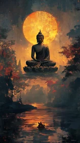 Buddha silhouette over river under burning full moon.