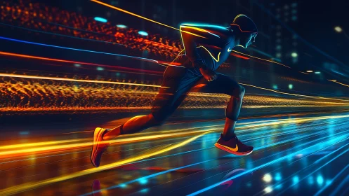 Neon night sprinter slicing through electric city trails.