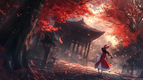 Crimson leaves whirl as a shrine maiden approaches twilight