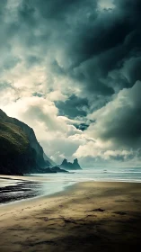 Photorealistic coastal seascape under dramatic storm clouds.