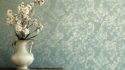 Cream ceramic vase with blossoms against teal damask wall.