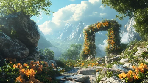 Floral stone archway in a mountainous valley landscape.